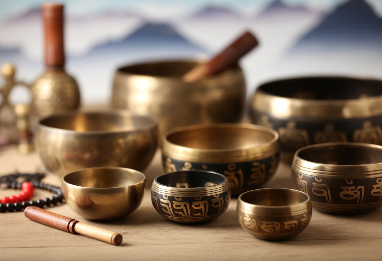 Les bols tibétains et leur origine : histoire, fabrication et bienfaits Plusieurs bols tibétains traditionnels posés sur une surface en bois avec des perles de prière et un maillet, évoquant leur origine spirituelle.