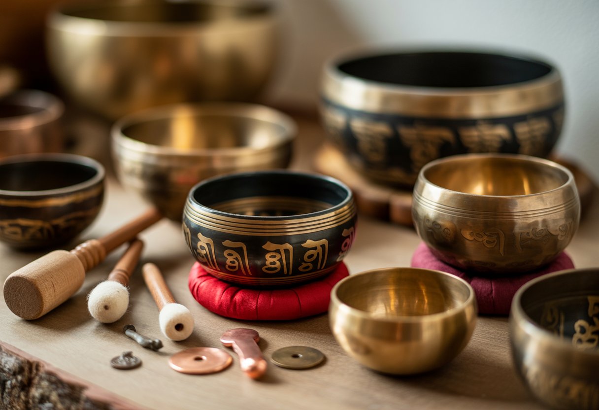 Les bols tibétains et leur origine : histoire, fabrication et bienfaits Plusieurs bols tibétains artisanaux en métal posés sur une surface en bois avec des maillets et des matériaux bruts autour.